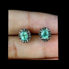 Cargar imagen en el visor de la galería, Aros Plata 925, Esmeralda y Diamante Natural Corte Bruto