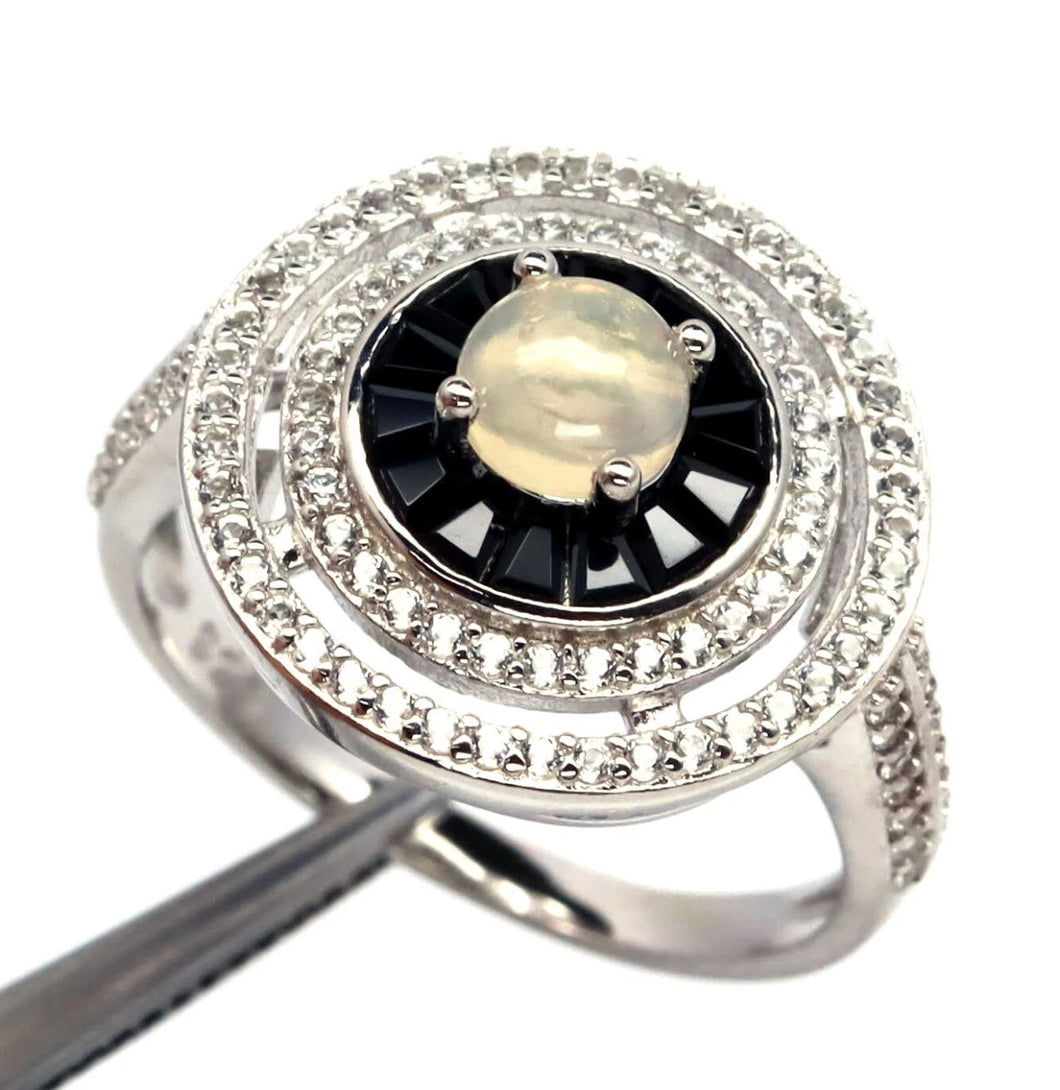 Anillo Ópalo Arcoíris, Espinela Negra y Topacio Blanco