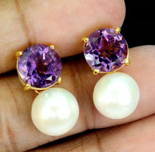 Load image in gallery viewer, Amethyst and Freshwater Pearl Hoops