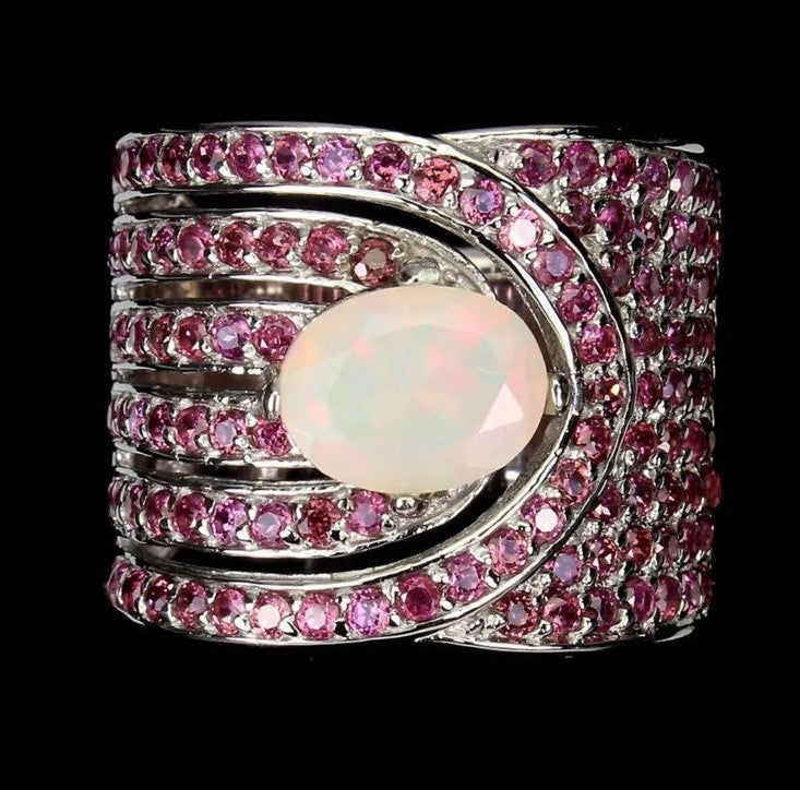 Anillo Ópalo Arcoíris y Rhodolita / Talla 7,5 (16)