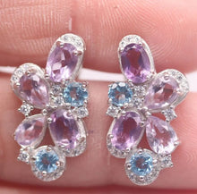 Load image in gallery viewer, Amethyst, Sky Blue Topaz and White Topaz Hoops
