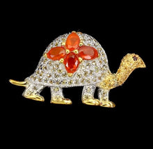 Load image in gallery viewer, Orange Fire Sapphire, Rhodolite and Yellow Sapphire Turtle Brooch