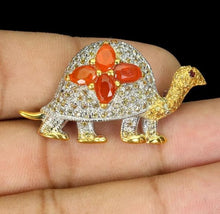 Load image in gallery viewer, Orange Fire Sapphire, Rhodolite and Yellow Sapphire Turtle Brooch