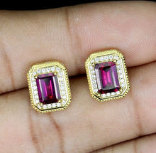 Load image in gallery viewer, Rhodolite and White Topaz Gold Hoops
