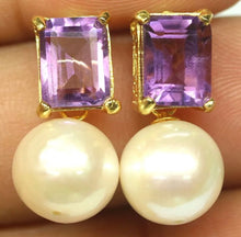 Load image in gallery viewer, River Pearl and Amethyst Gold Hoops