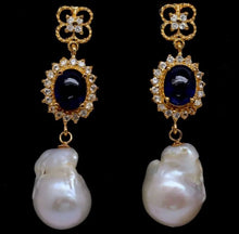 Load image in gallery viewer, Baroque Pearl, Sapphire and White Topaz Gold Hoops