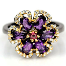 Load image in the gallery viewer, Amethyst and Rhodolite Flower Ring / Size 6 (12)